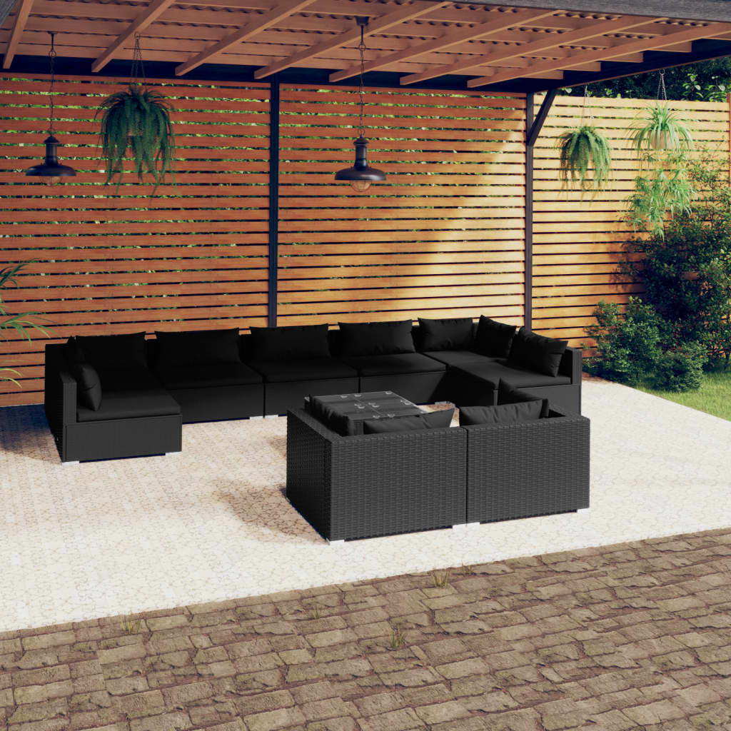 Vetonek Set de muebles de jardín 10 pzas cojines ratán sintético negro