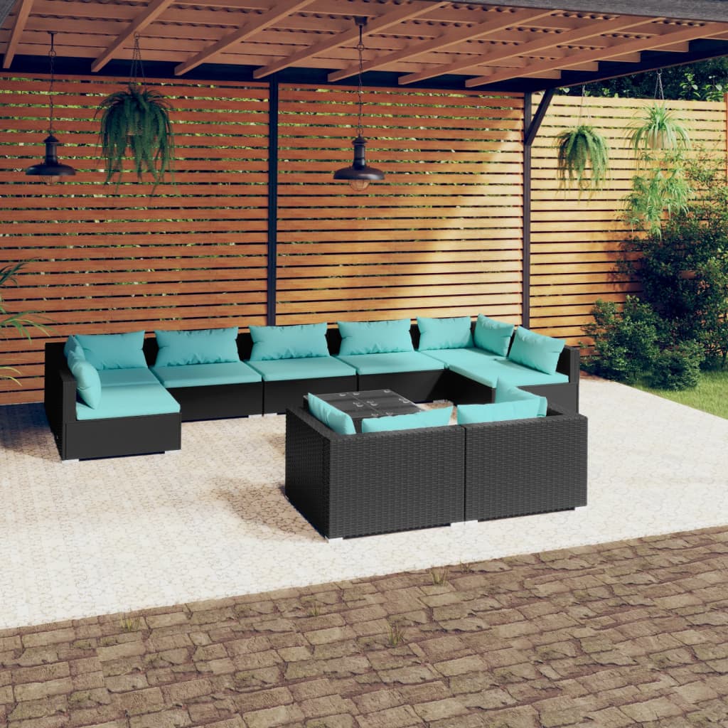 Vetonek Set de muebles de jardín 10 pzas cojines ratán sintético negro