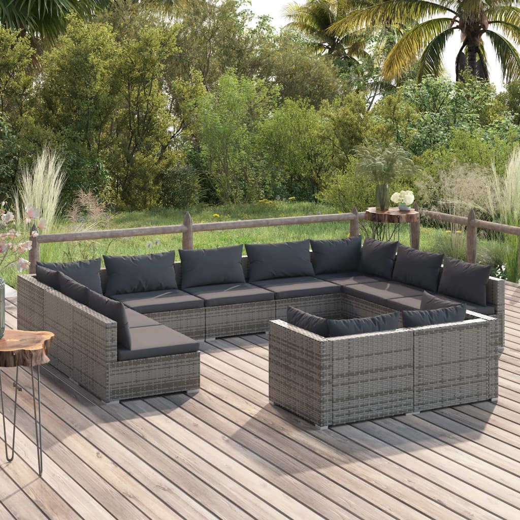 Vetonek Set de muebles de jardín 11 pzas y cojines ratán sintético gris