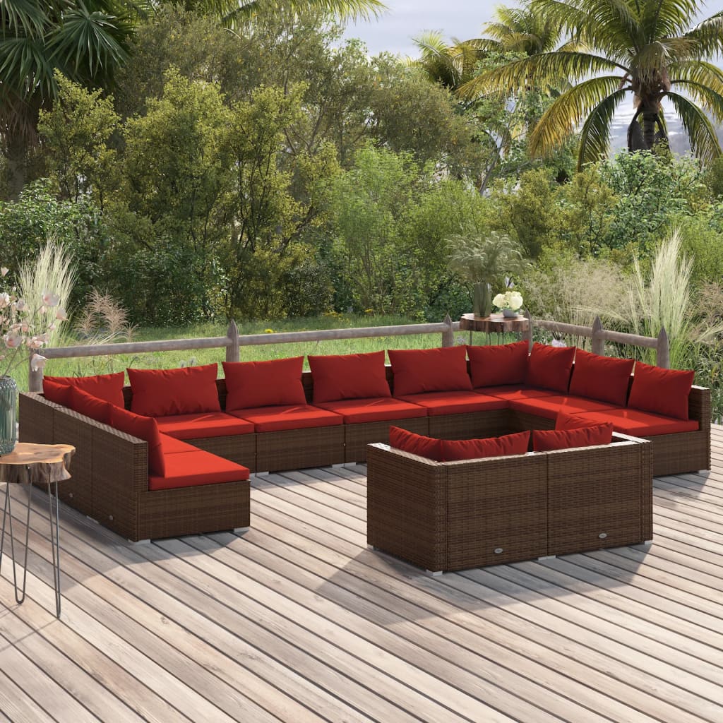 Vetonek Set muebles de jardín 12 pzas y cojines ratán sintético marrón