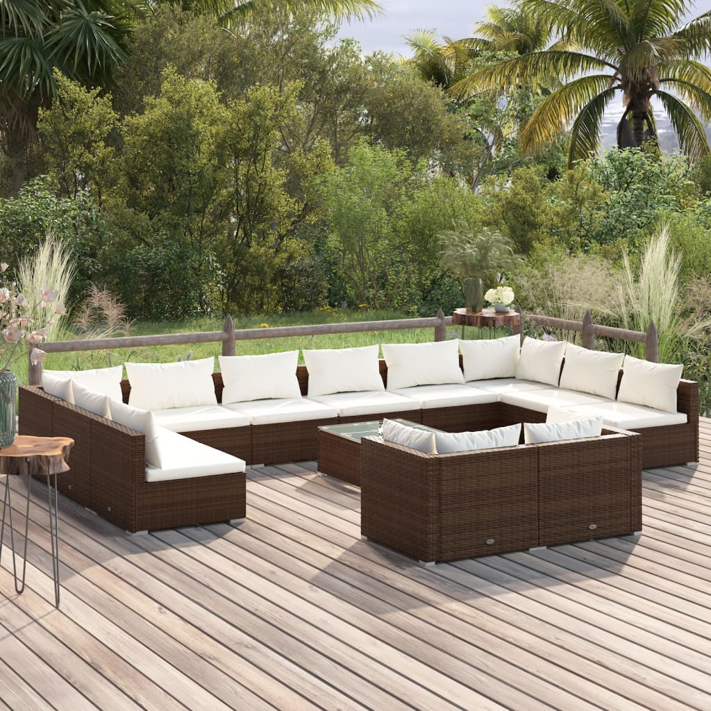 Vetonek Set muebles de jardín 13 pzas y cojines ratán sintético marrón