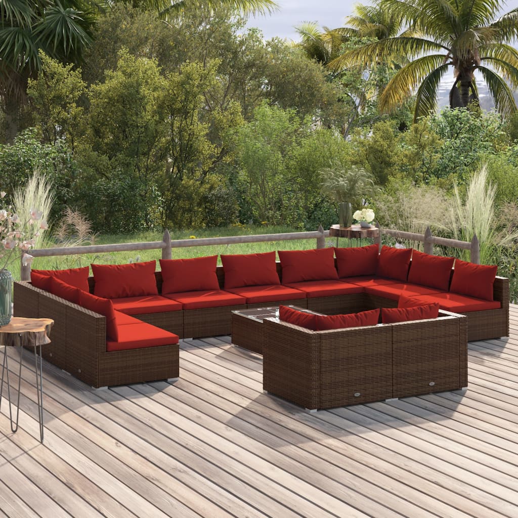 Vetonek Set muebles de jardín 13 pzas y cojines ratán sintético marrón