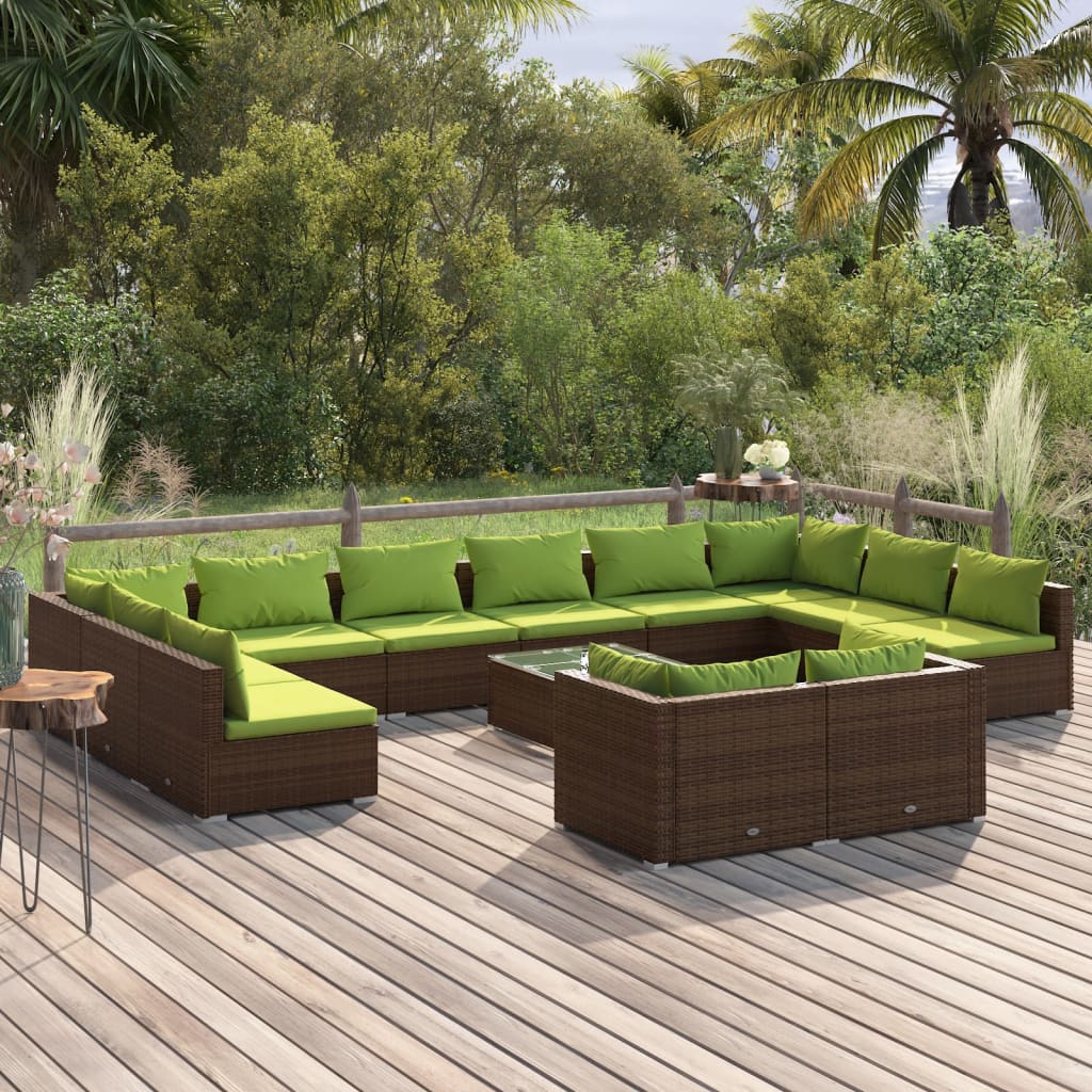 Vetonek Set muebles de jardín 13 pzas y cojines ratán sintético marrón