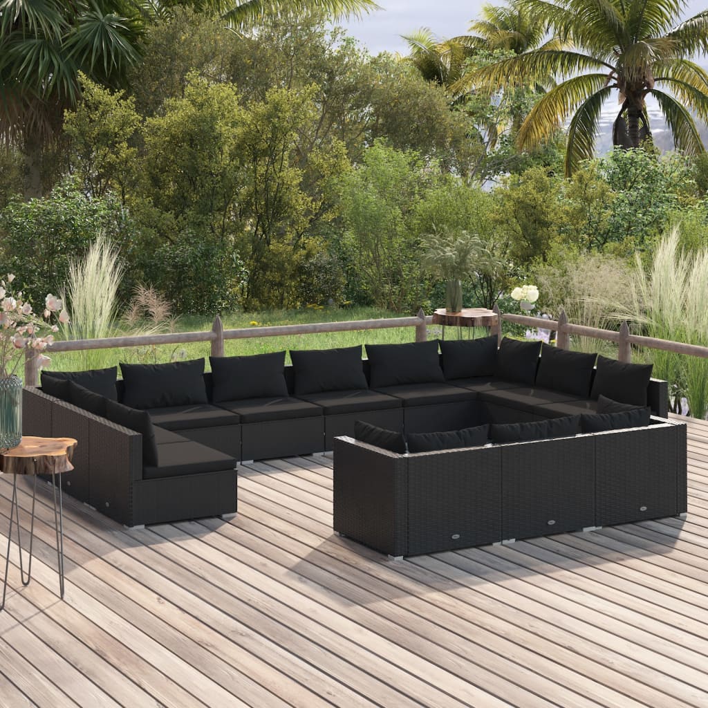 Vetonek Set de muebles de jardín 13 pzas cojines ratán sintético negro