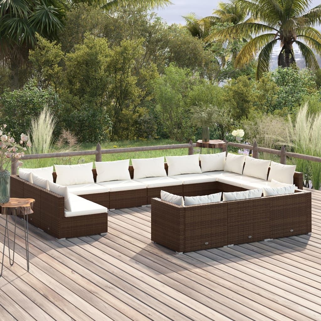 Set muebles de jardín 13 pzas y cojines ratán sintético marrón