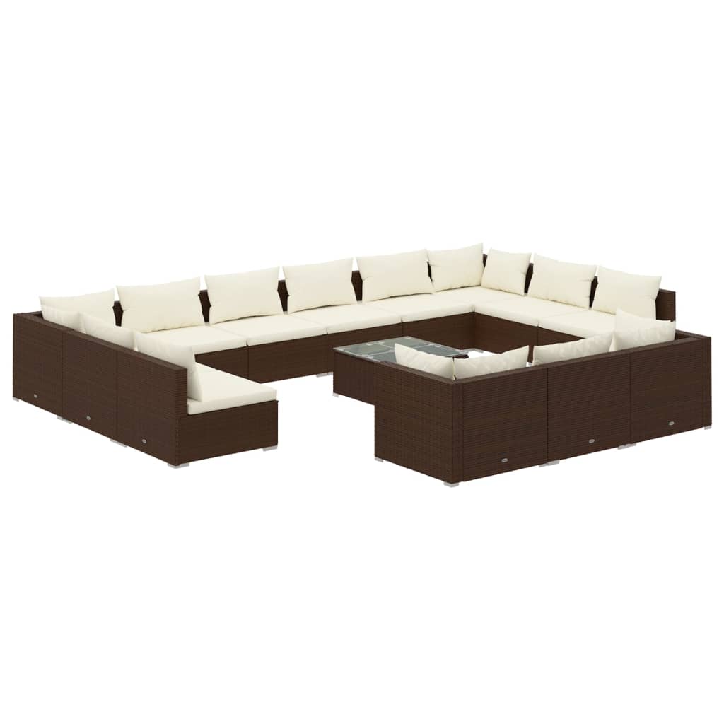 Set muebles de jardín 14 pzas y cojines ratán sintético marrón