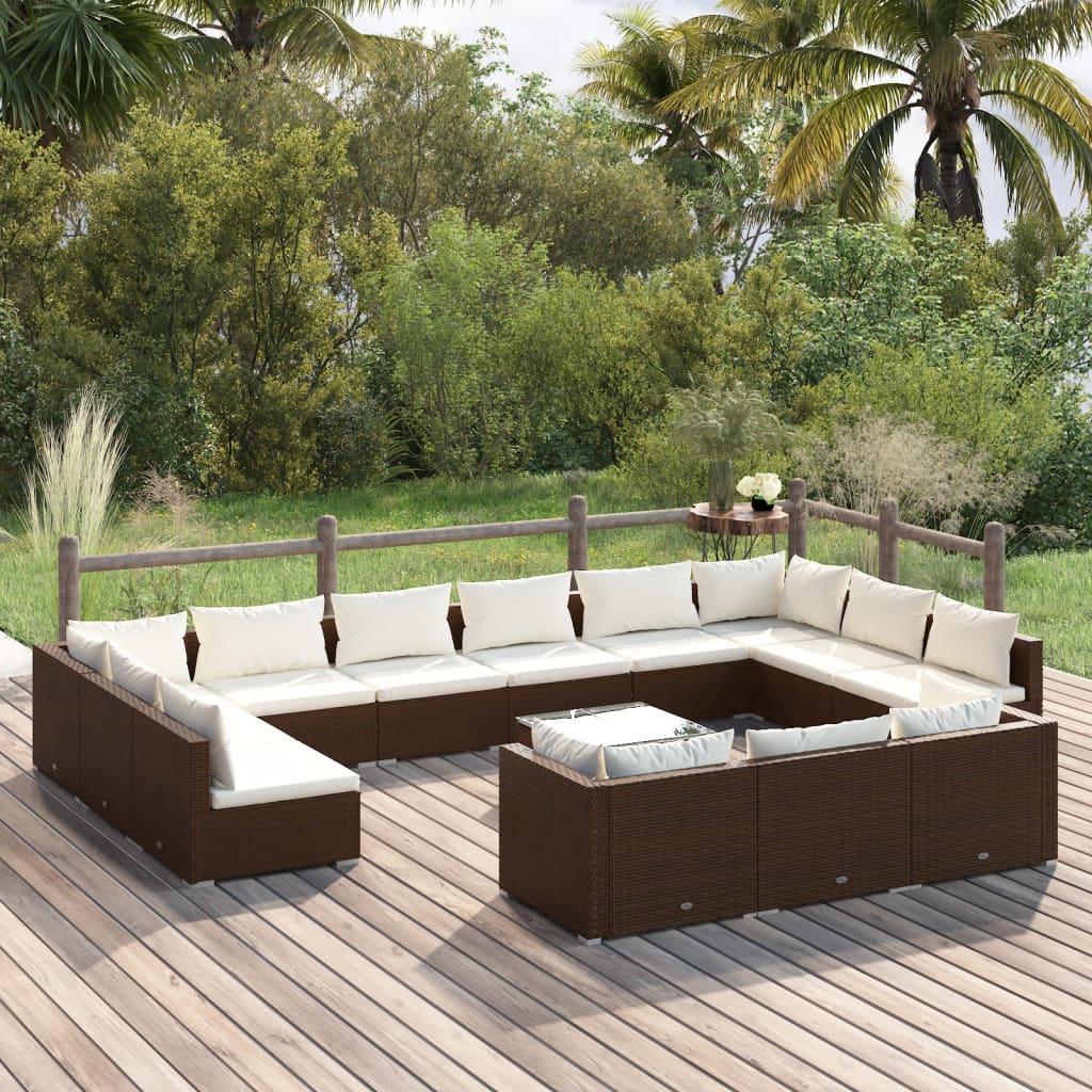 Vetonek Set muebles de jardín 14 pzas y cojines ratán sintético marrón