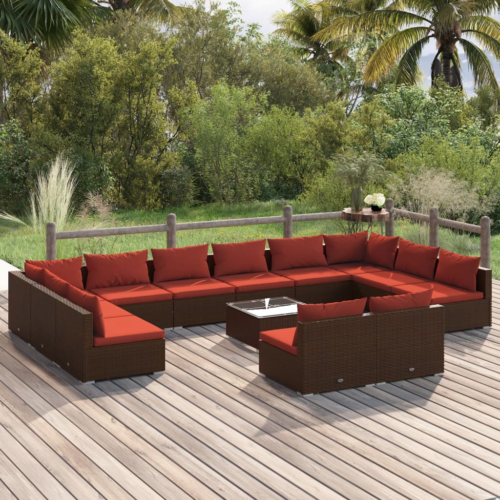 Vetonek Set muebles de jardín 13 piezas cojines ratán sintético marrón