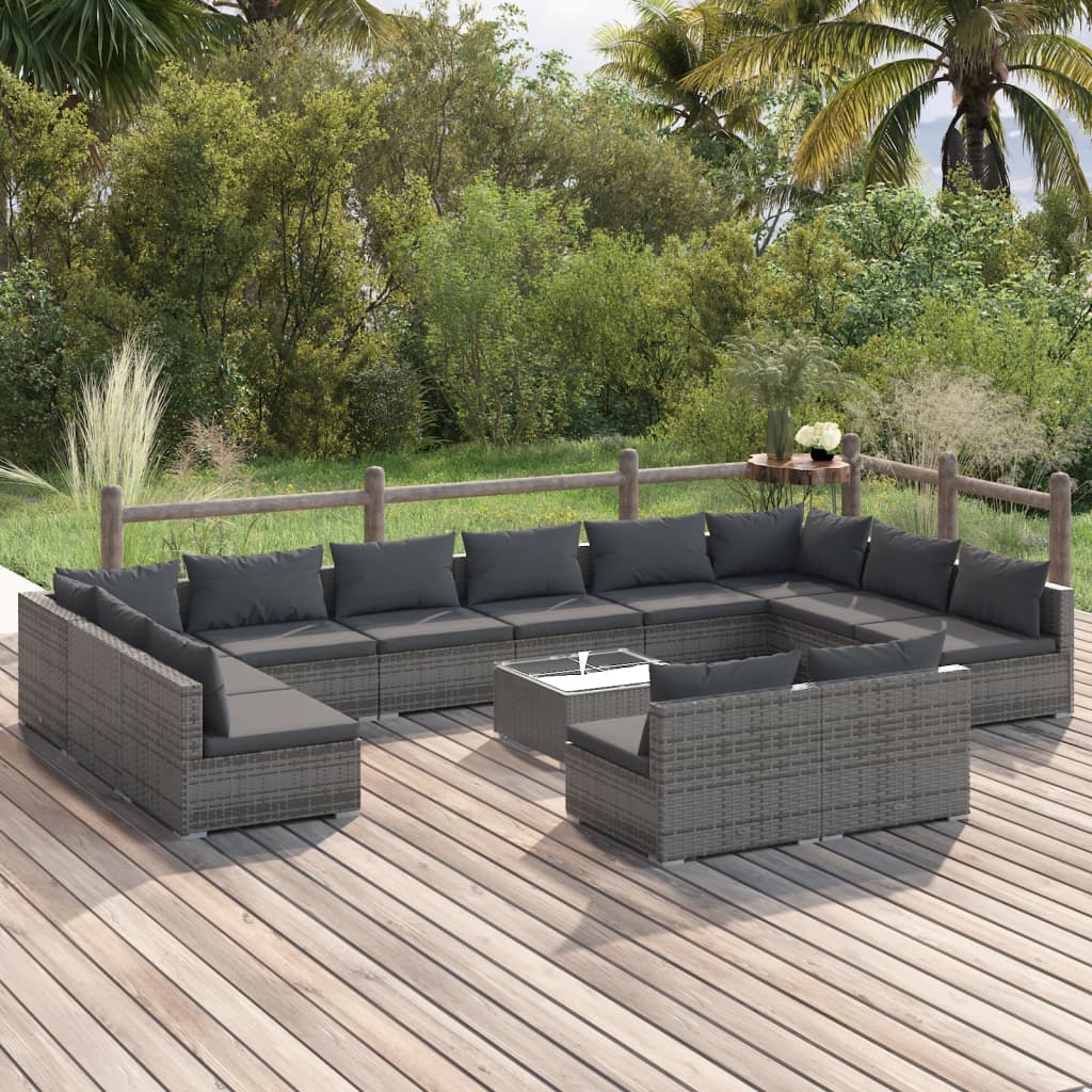 Vetonek Set muebles de jardín 13 piezas y cojines ratán sintético gris