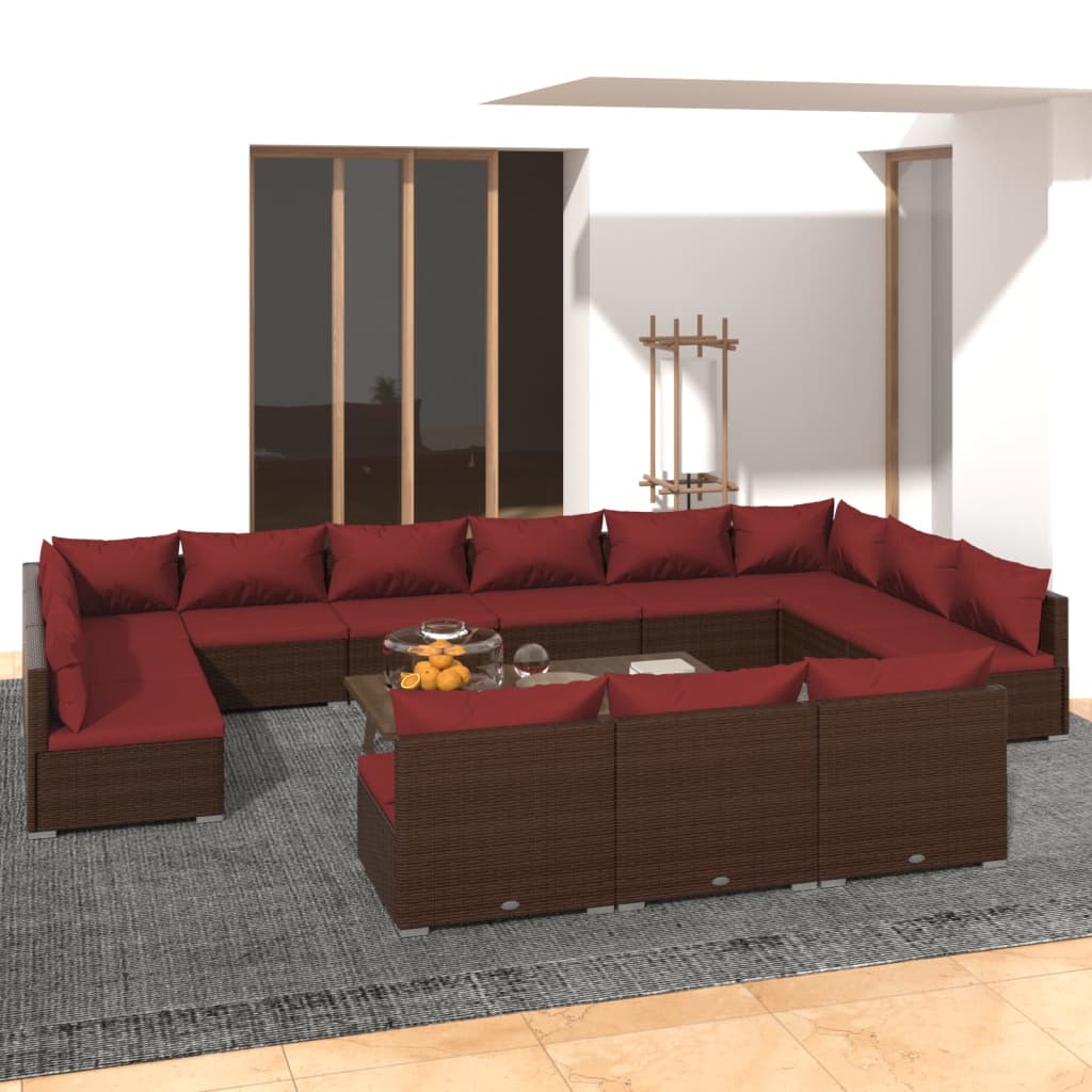 Set muebles de jardín 13 piezas cojines ratán sintético marrón