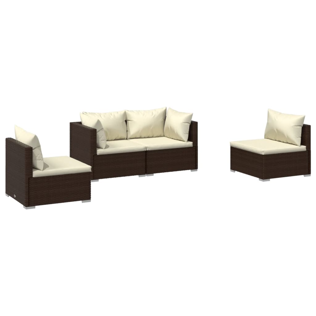 Set muebles de jardín 4 piezas y cojines ratán sintético marrón