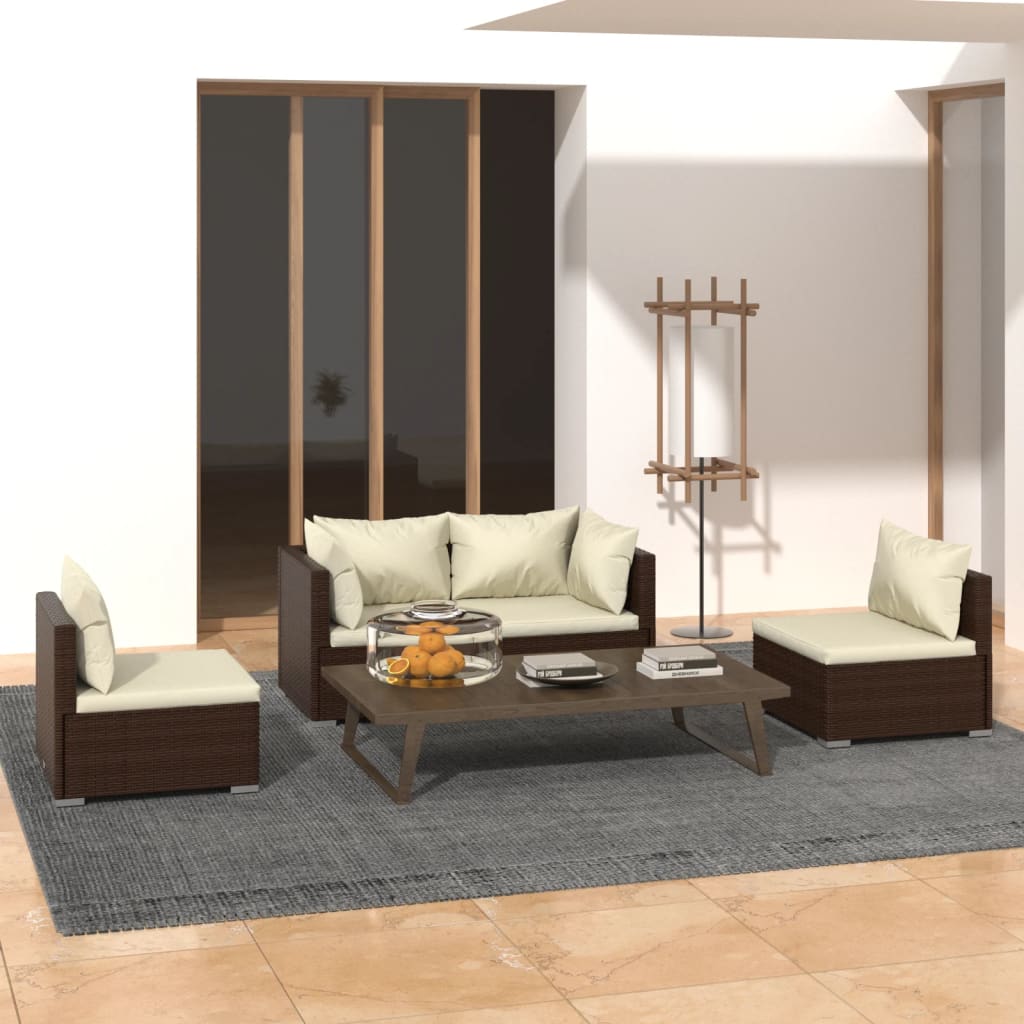 Set muebles de jardín 4 piezas y cojines ratán sintético marrón