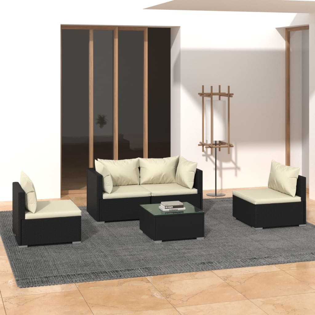 Vetonek Set muebles de jardín 5 piezas y cojines ratán sintético negro