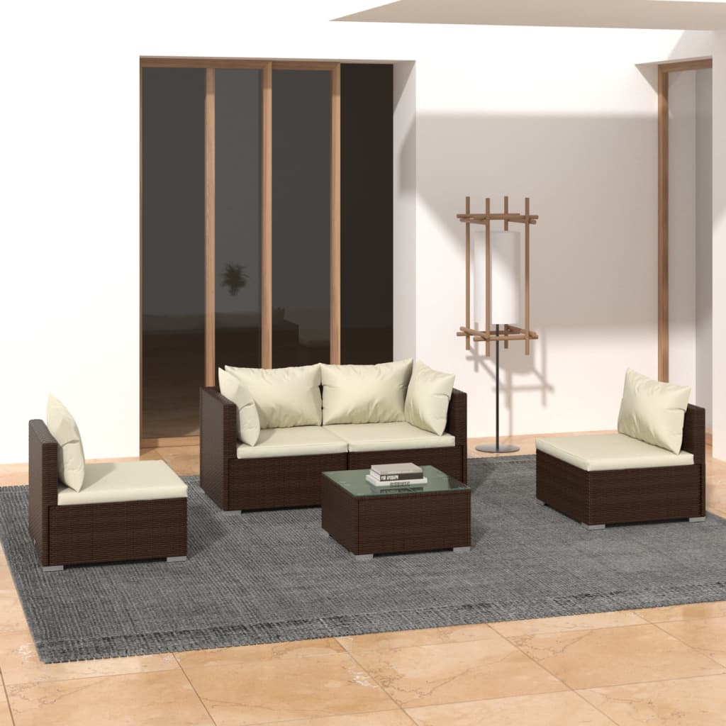 Vetonek Set muebles de jardín 5 piezas y cojines ratán sintético marrón