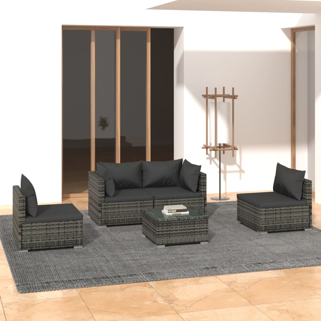 Vetonek Set de muebles de jardín 5 pzas y cojines ratán sintético gris