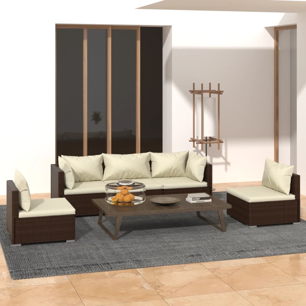 Vetonek Set muebles de jardín 5 piezas y cojines ratán sintético marrón