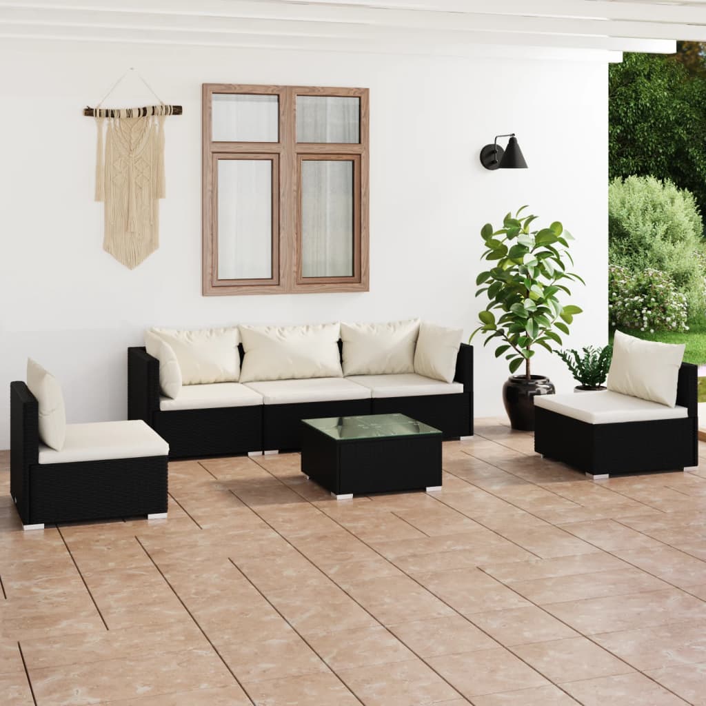 Vetonek Set de muebles de jardín 6 pzas y cojines ratán sintético negro