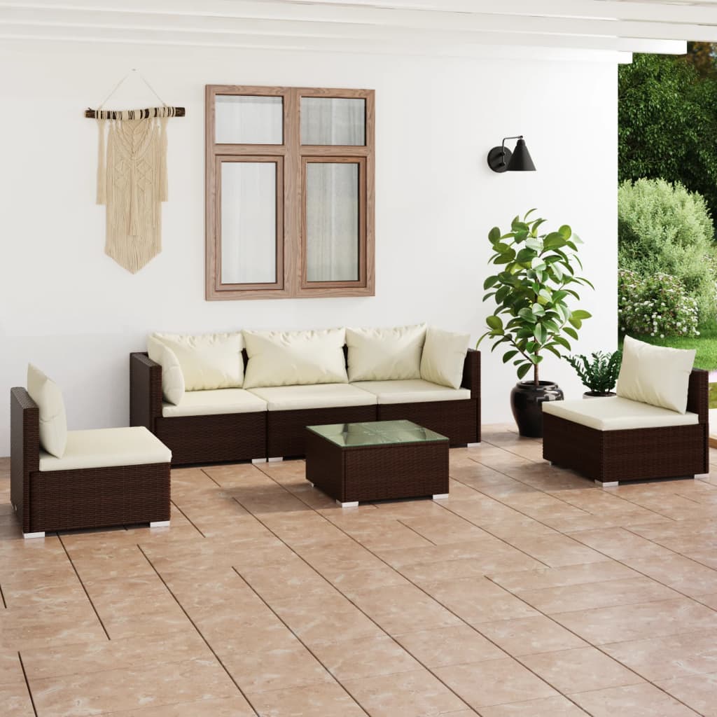 Vetonek Set muebles de jardín 6 piezas y cojines ratán sintético marrón