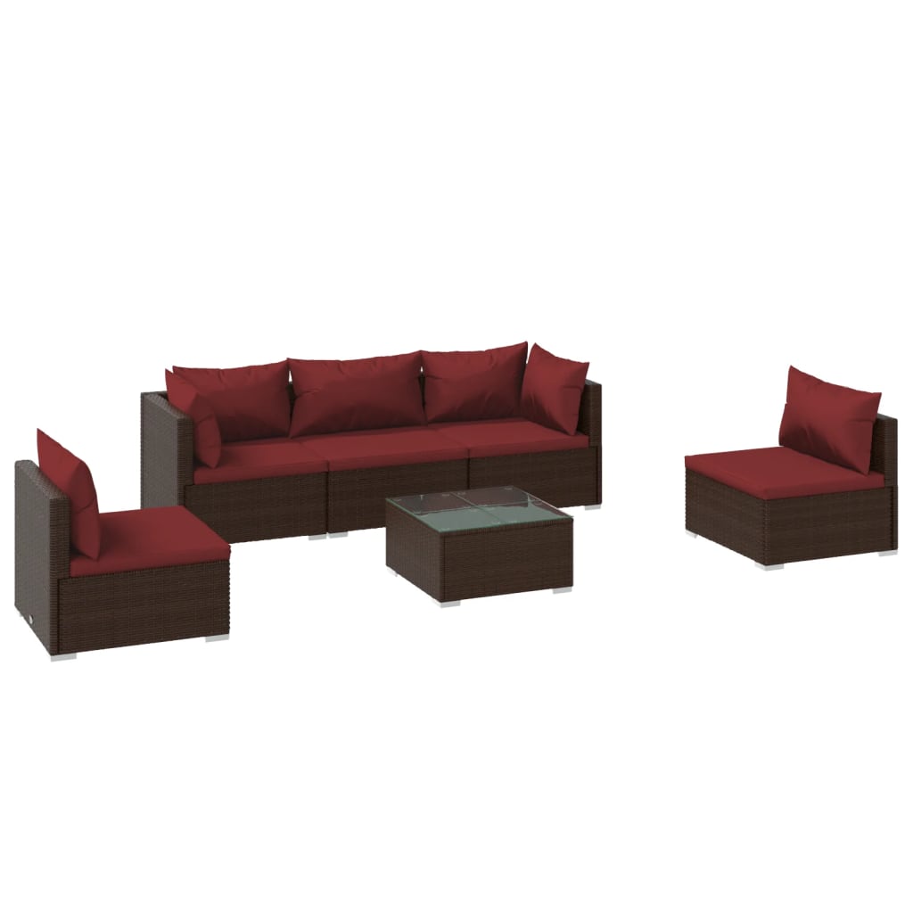 Set muebles de jardín 6 piezas y cojines ratán sintético marrón