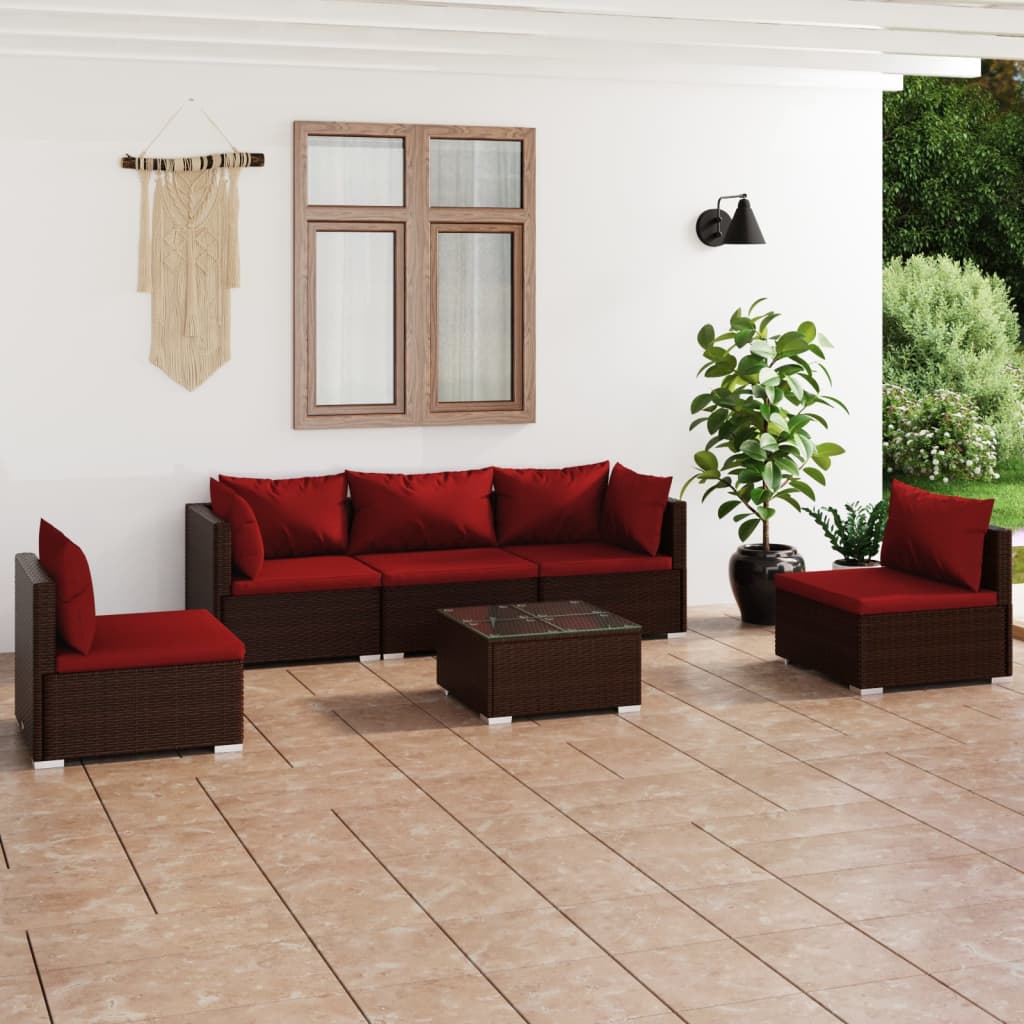 Vetonek Set muebles de jardín 6 piezas y cojines ratán sintético marrón