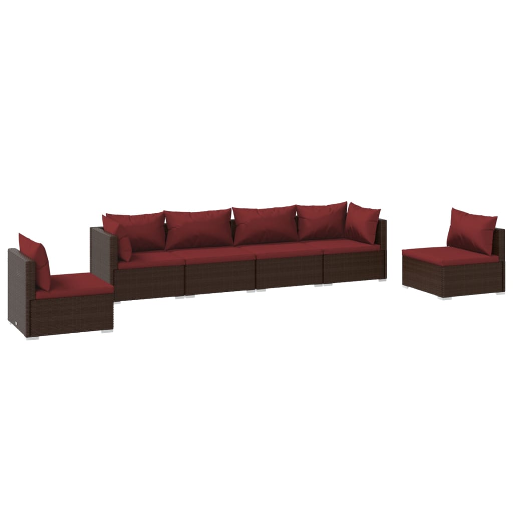 Set muebles de jardín 6 piezas y cojines ratán sintético marrón