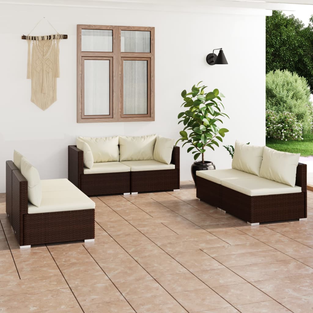 Vetonek Set muebles de jardín 6 piezas y cojines ratán sintético marrón