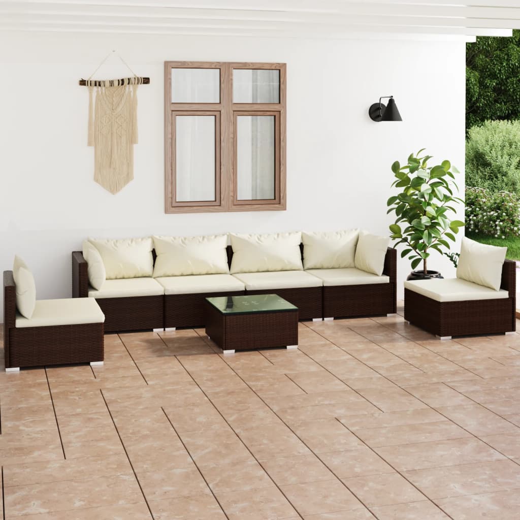 Set muebles de jardín 7 piezas y cojines ratán sintético marrón