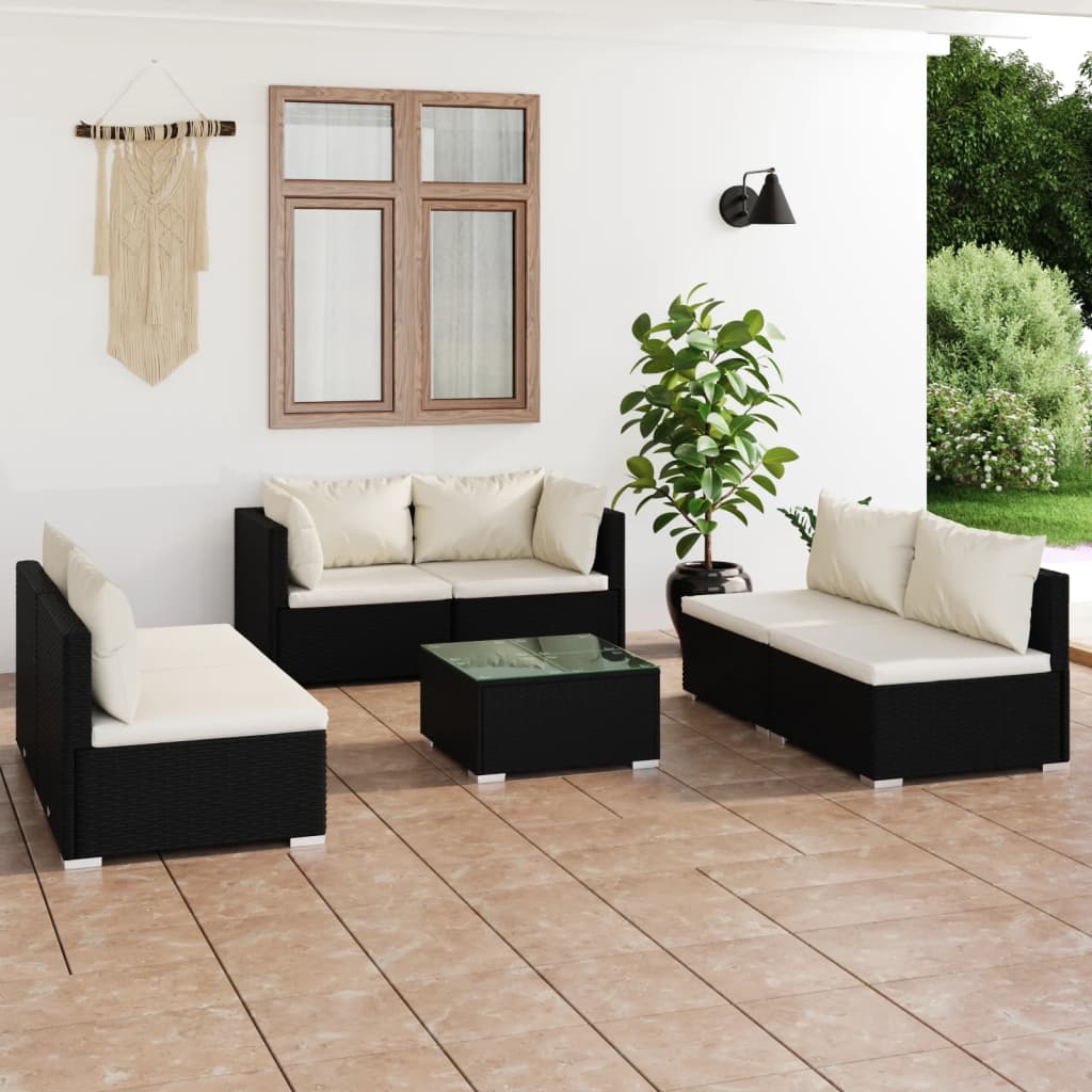 Vetonek Set de muebles de jardín 7 pzas y cojines ratán sintético negro