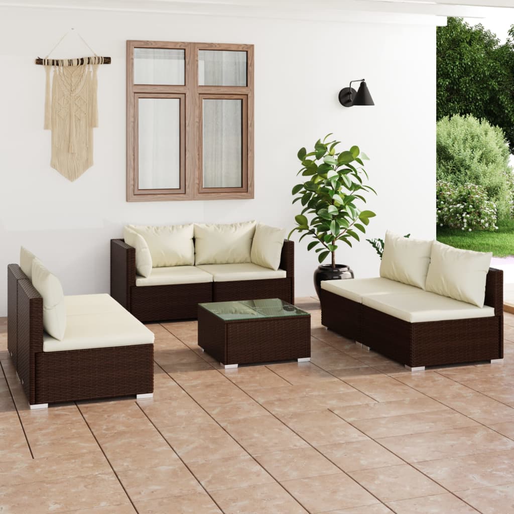 Vetonek Set muebles de jardín 7 piezas y cojines ratán sintético marrón