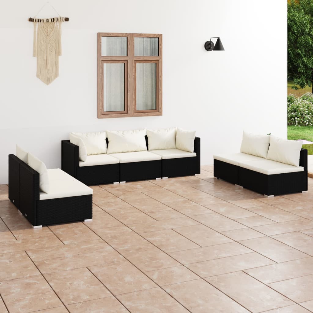 Vetonek Set de muebles de jardín 7 pzas y cojines ratán sintético negro