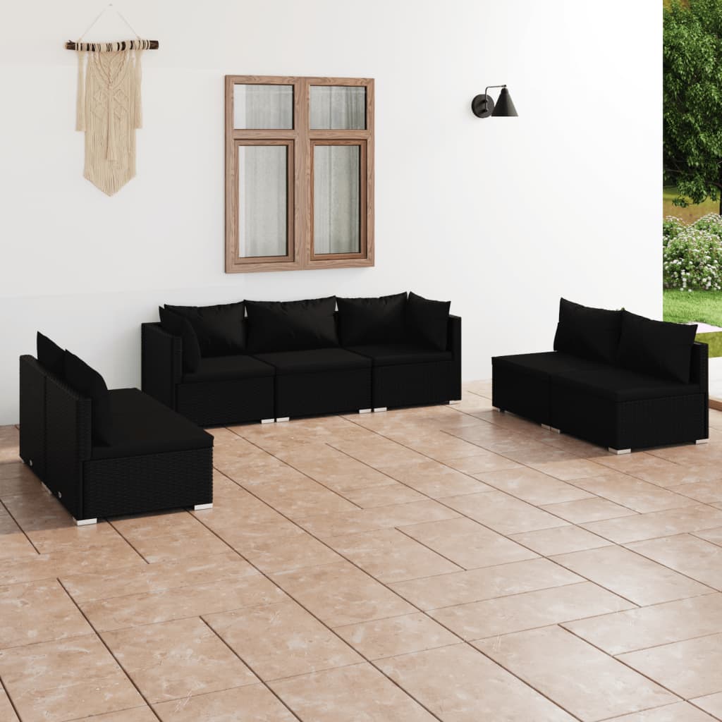 Vetonek Set de muebles de jardín 7 pzas y cojines ratán sintético negro