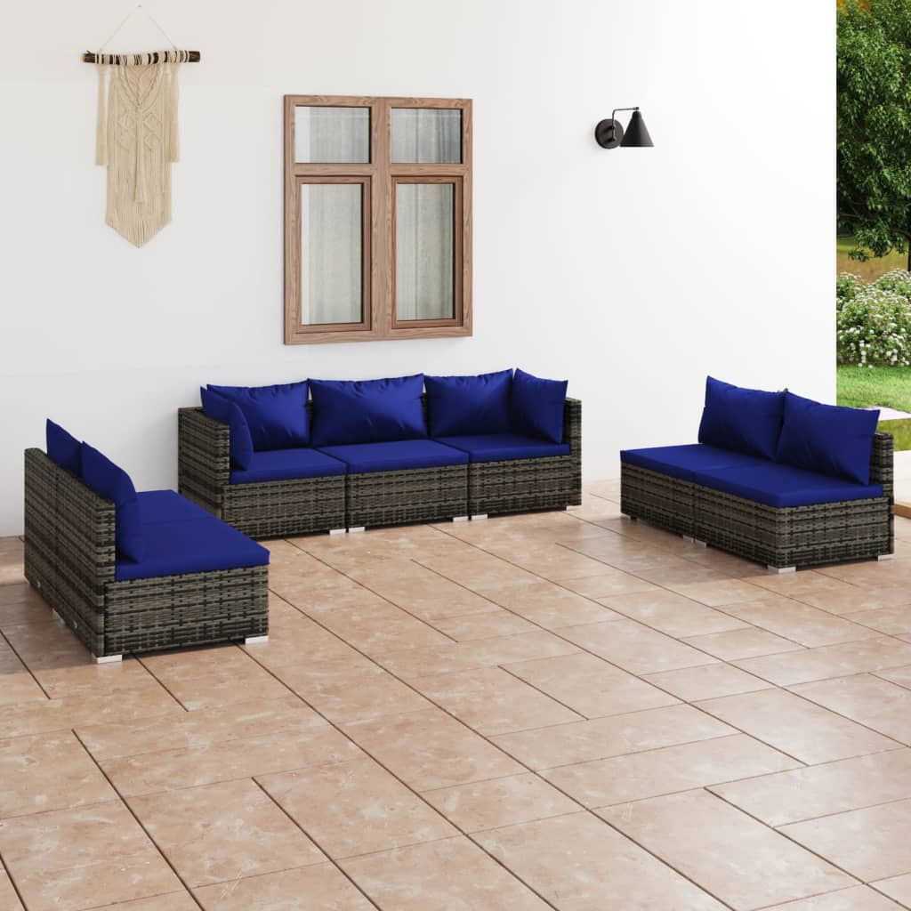 Vetonek Set de muebles de jardín 7 pzas y cojines ratán sintético gris