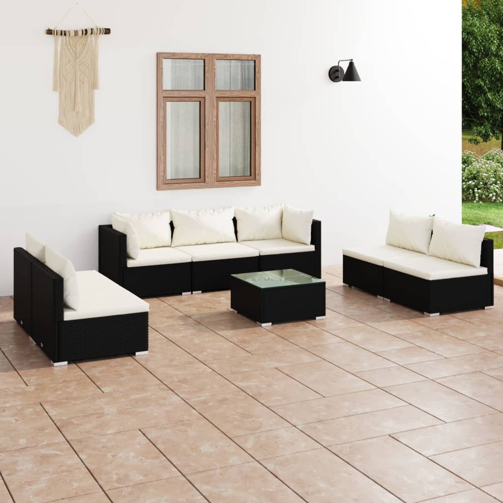 Vetonek Set de muebles de jardín 8 pzas y cojines ratán sintético negro