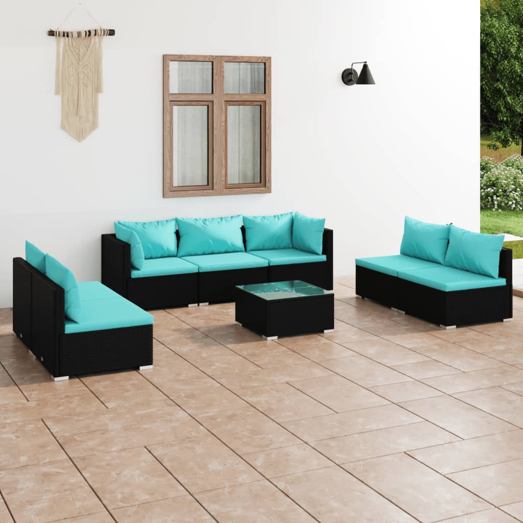 Vetonek Set de muebles de jardín 8 pzas y cojines ratán sintético negro