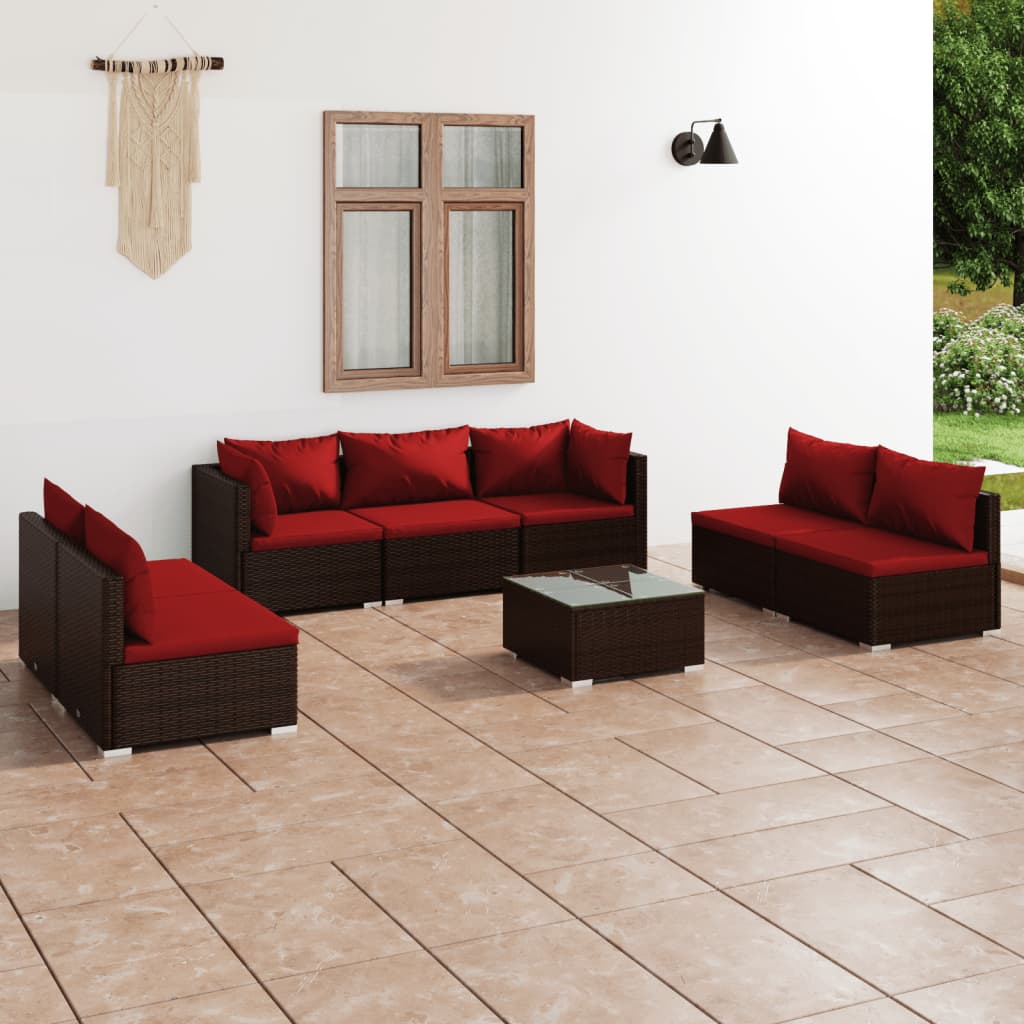 Vetonek Set muebles de jardín 8 piezas y cojines ratán sintético marrón