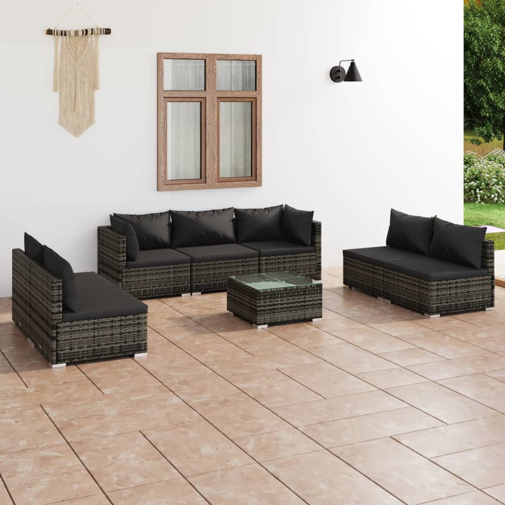 Vetonek Set de muebles de jardín 8 pzas y cojines ratán sintético gris