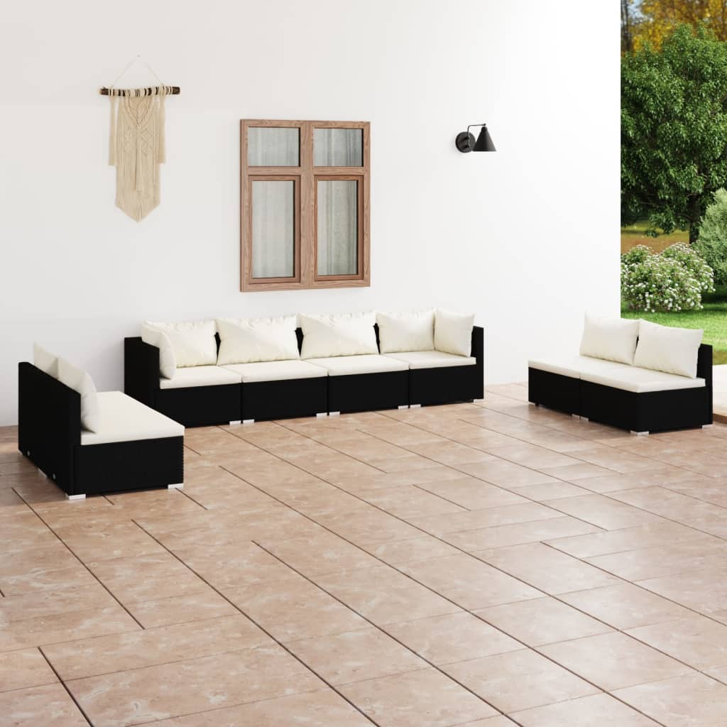 Vetonek Set de muebles de jardín 8 pzas y cojines ratán sintético negro