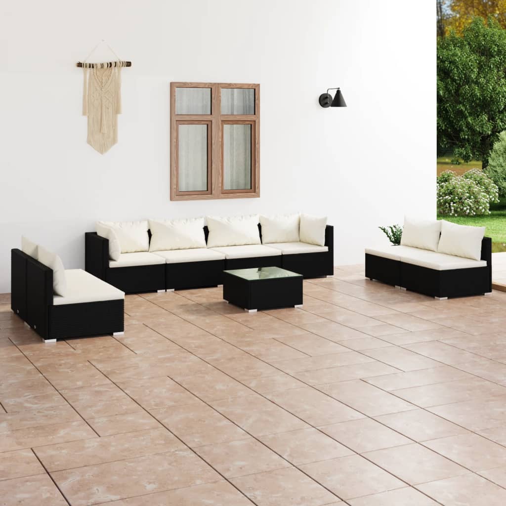 Vetonek Set de muebles de jardín 9 pzas cojines ratán sintético negro