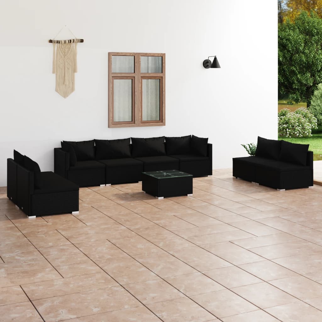 Set de muebles de jardín 9 pzas y cojines ratán sintético negro v9609 Vetonek