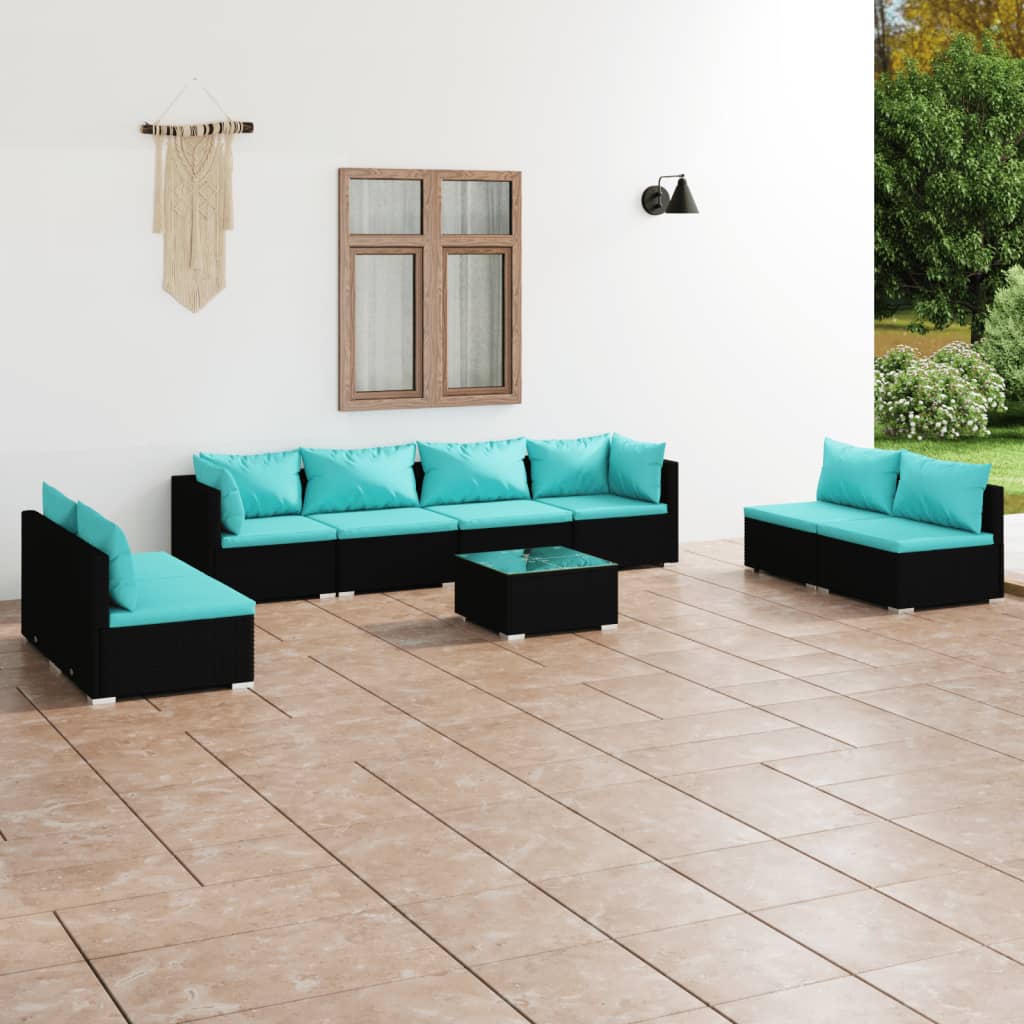 Vetonek Set de muebles de jardín 9 pzas y cojines ratán sintético negro