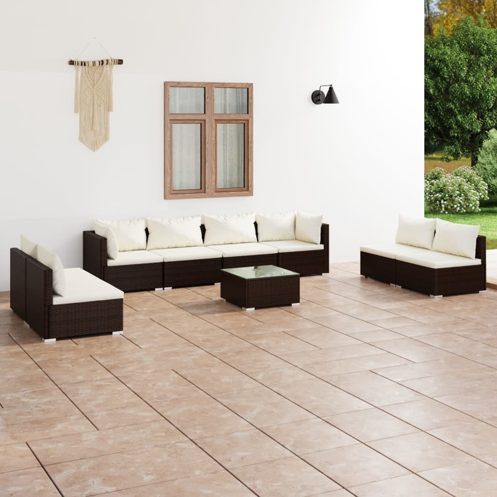 Vetonek Set muebles de jardín 9 pzas y cojines ratán sintético marrón