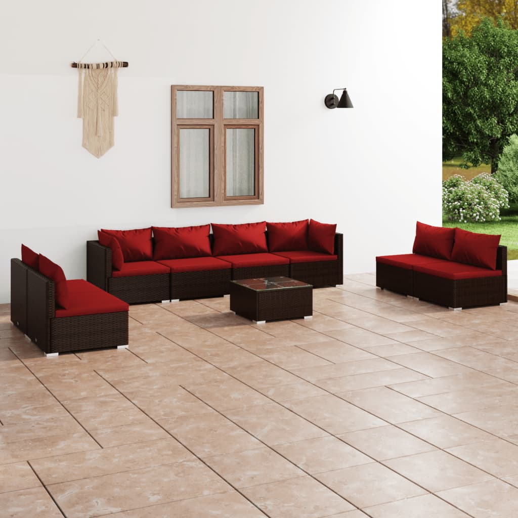 Vetonek Set muebles de jardín 9 piezas y cojines ratán sintético marrón