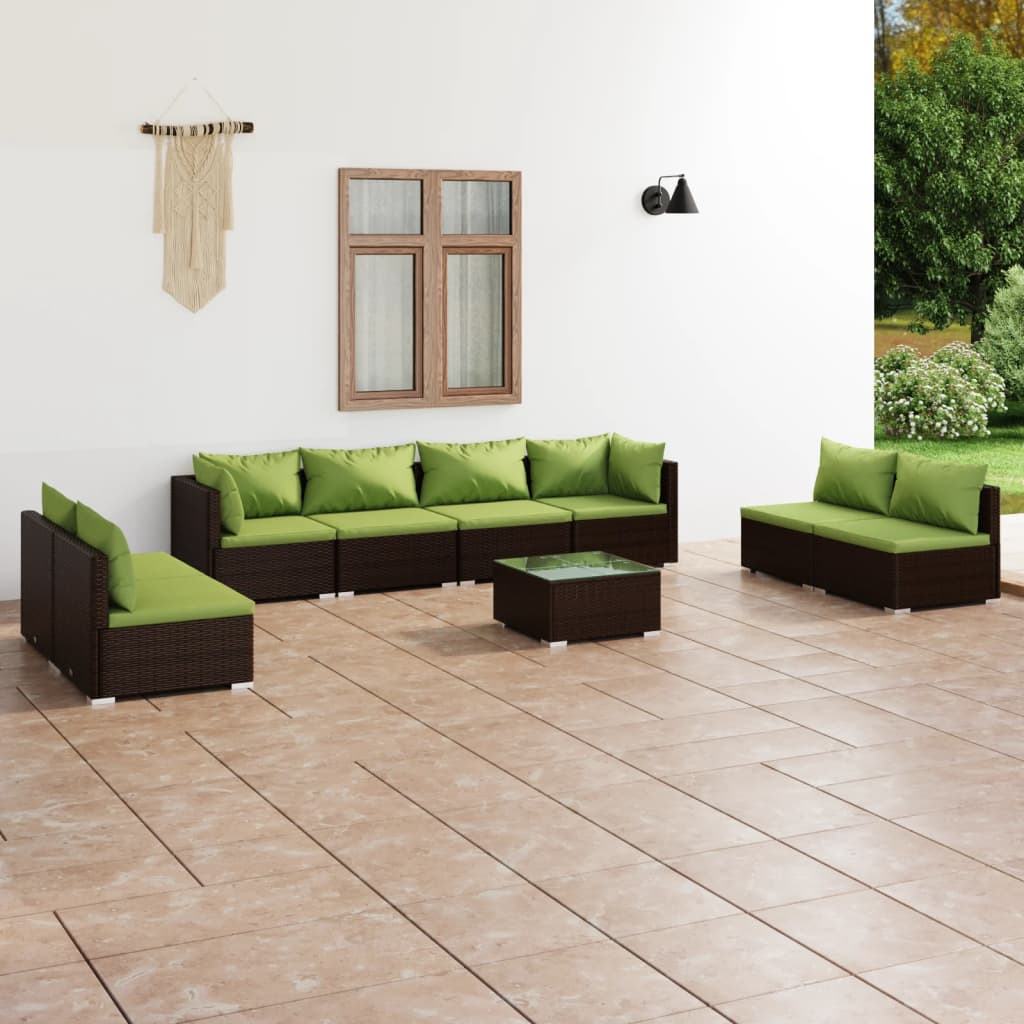 Vetonek Set muebles de jardín 9 piezas y cojines ratán sintético marrón