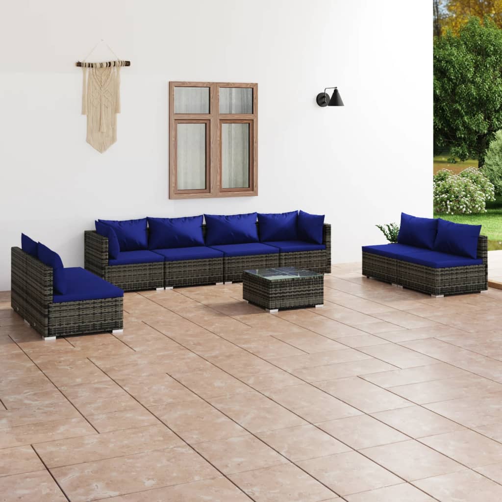 Vetonek Set de muebles de jardín 9 pzas y cojines ratán sintético gris