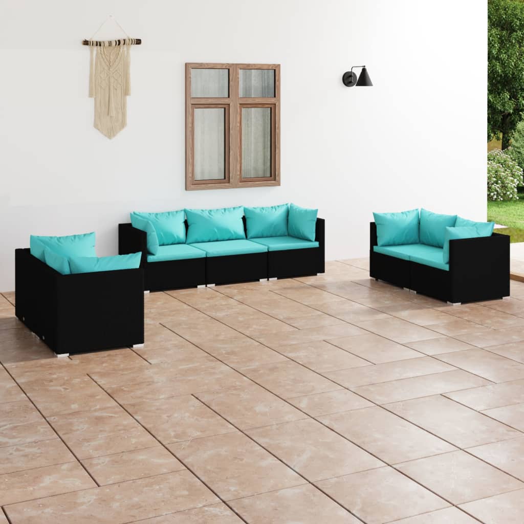 Vetonek Set de muebles de jardín 7 pzas y cojines ratán sintético negro