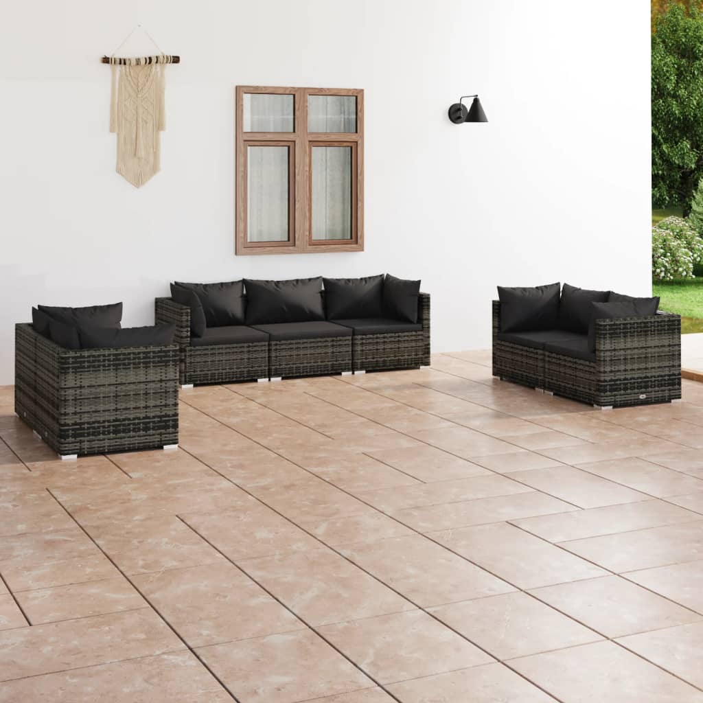 Vetonek Set de muebles de jardín 7 pzas y cojines ratán sintético gris