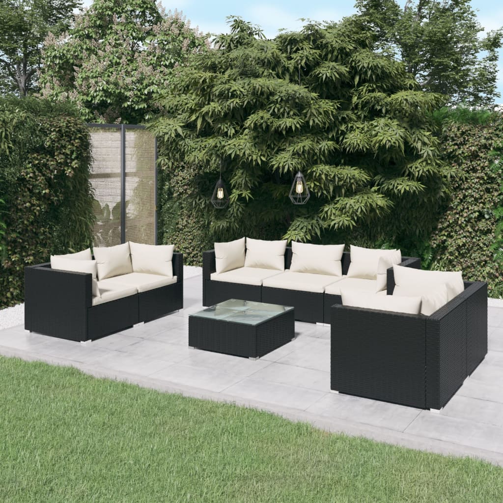 Vetonek Set de muebles de jardín 8 pzas y cojines ratán sintético negro