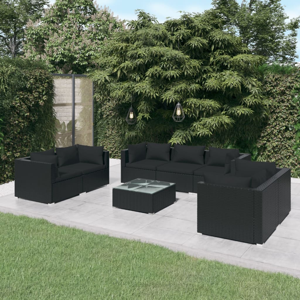 Vetonek Set de muebles de jardín 8 pzas y cojines ratán sintético negro