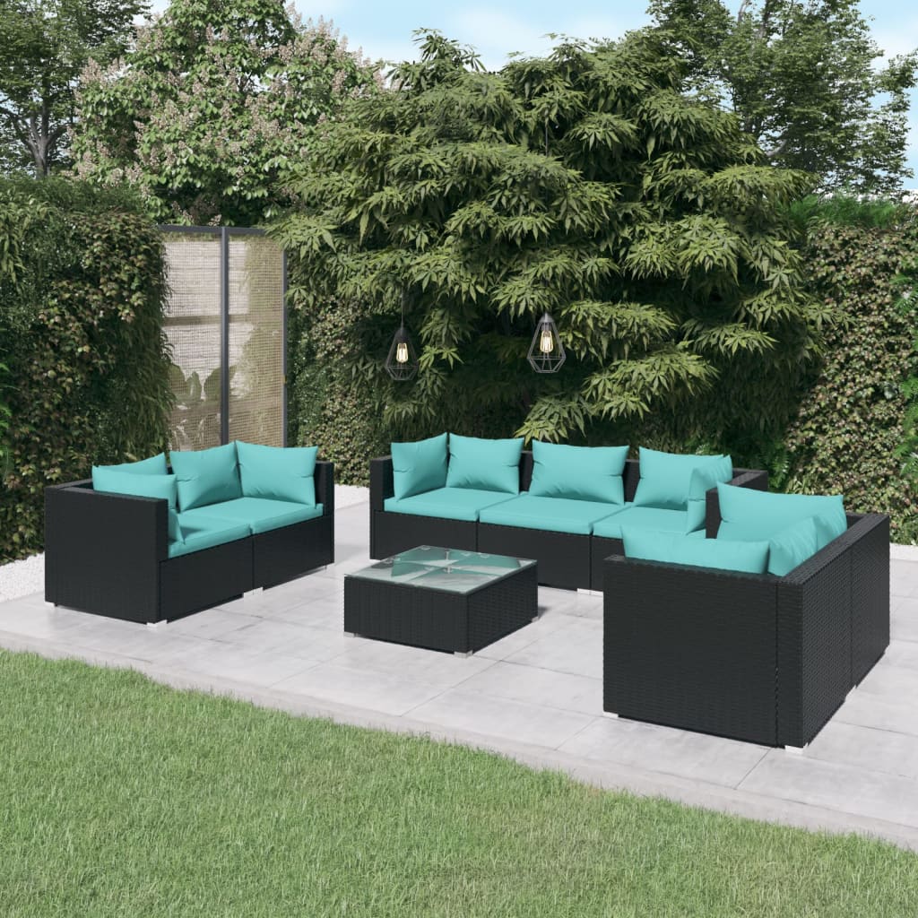 Vetonek Set de muebles de jardín 8 pzas y cojines ratán sintético negro