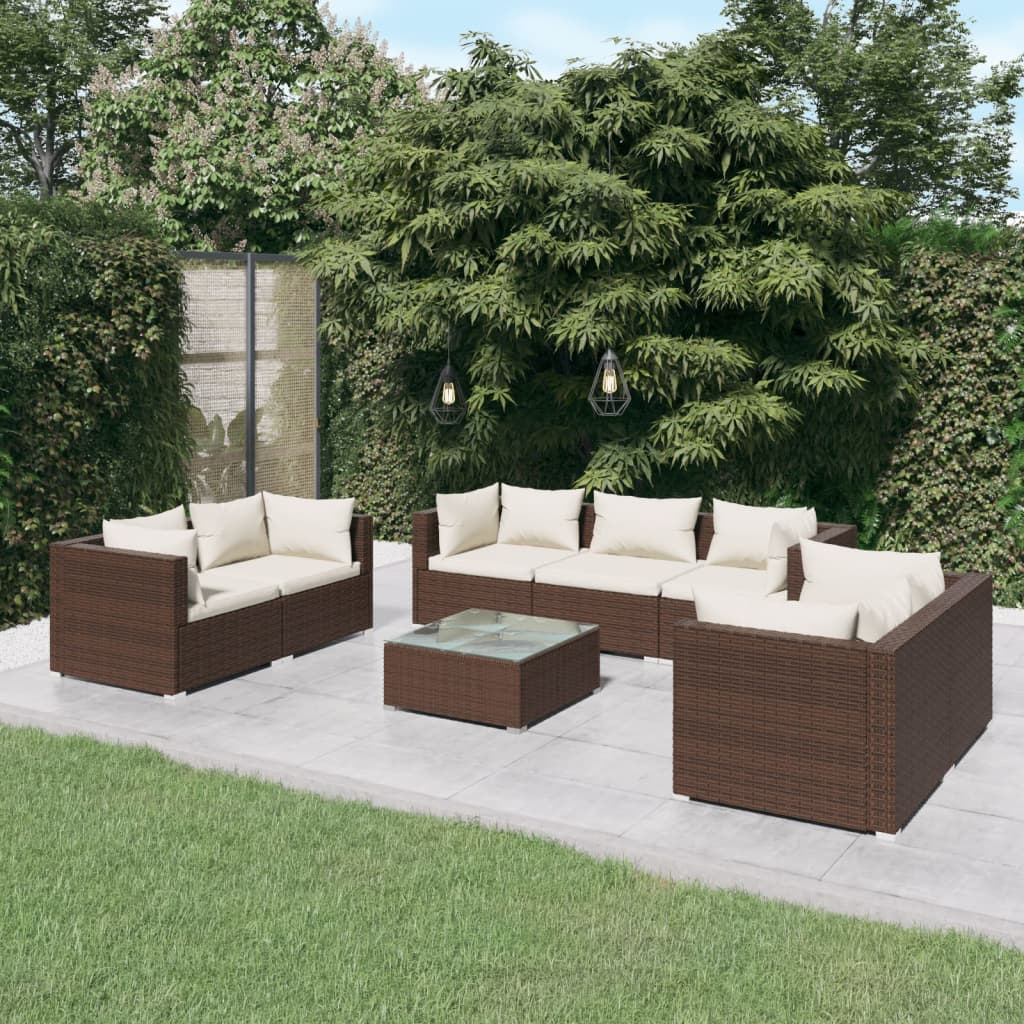 Vetonek Set muebles de jardín 8 piezas y cojines ratán sintético marrón